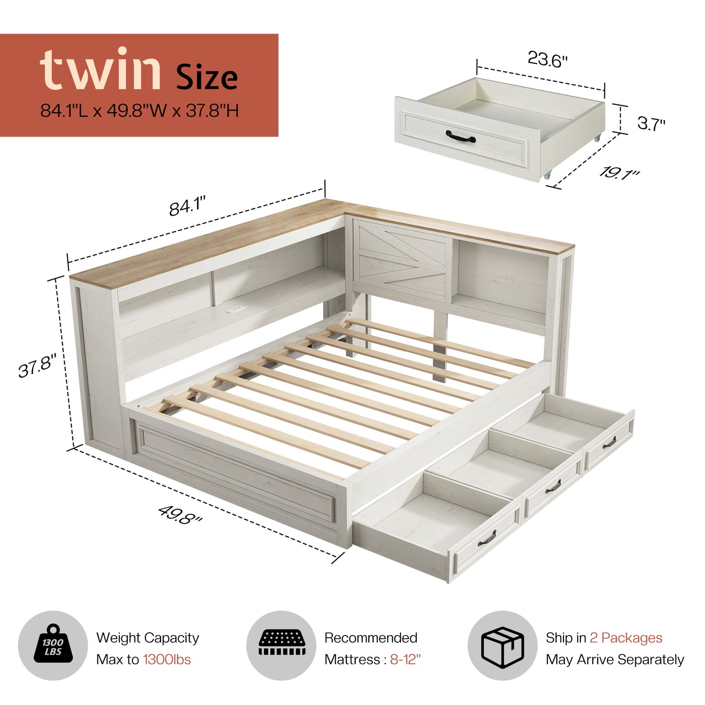 Jocisland Corner Bed Frame with Storage Drawers and Bookcase Headboard, Charging Station and Led Lights, Farmhouse Wood Daybed for Kids Teens, No Box Spring Needed