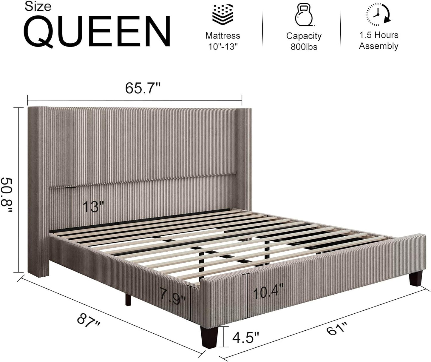 Upholstered Platform Bed Frame, Wingback Bed with 50.8" Headboard, Corduroy/Solid Wood Leg/No Box Spring Needed/Noise Free