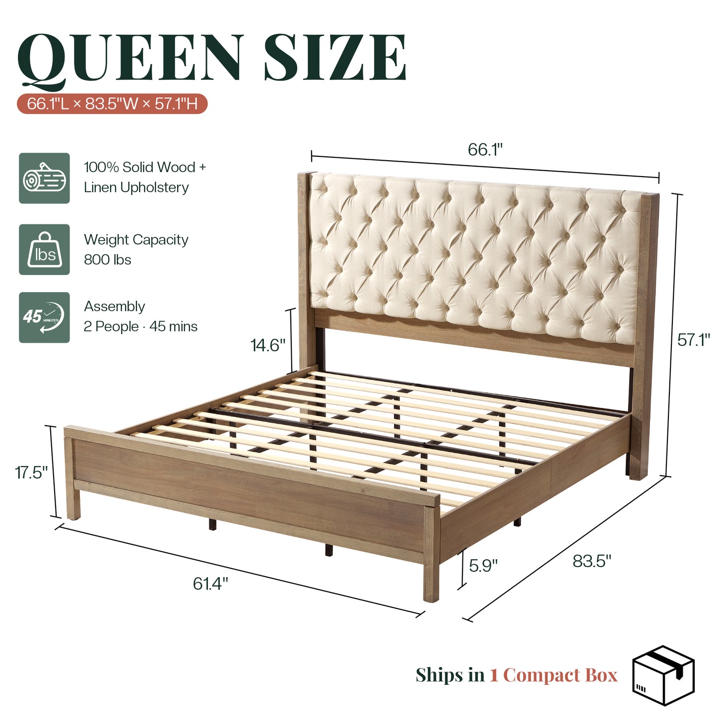 Jocisland Solid Wood Bed Frame, 57" Tall Farmhouse Platform Beds, Upholstered Line Wingback Headboard, Deep Button Tufted, No Box Spring Needed, Easy Assembly