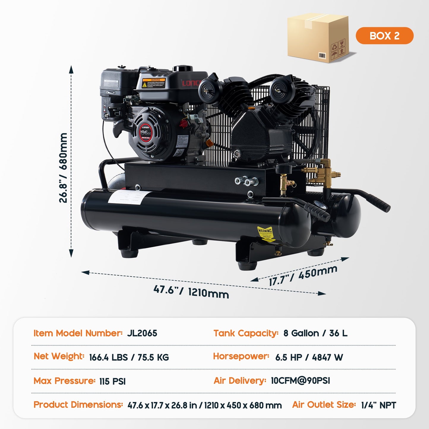 Jocisland 6.5HP Gas Powered Air Compressor, 20 Gallon Horizontal Tank with Wheels 10.7CFM@Max 115PSI, 196cc Loncin Engine Gasoline Driven Piston Pump Air Compressor for Workshop, Construction Sites