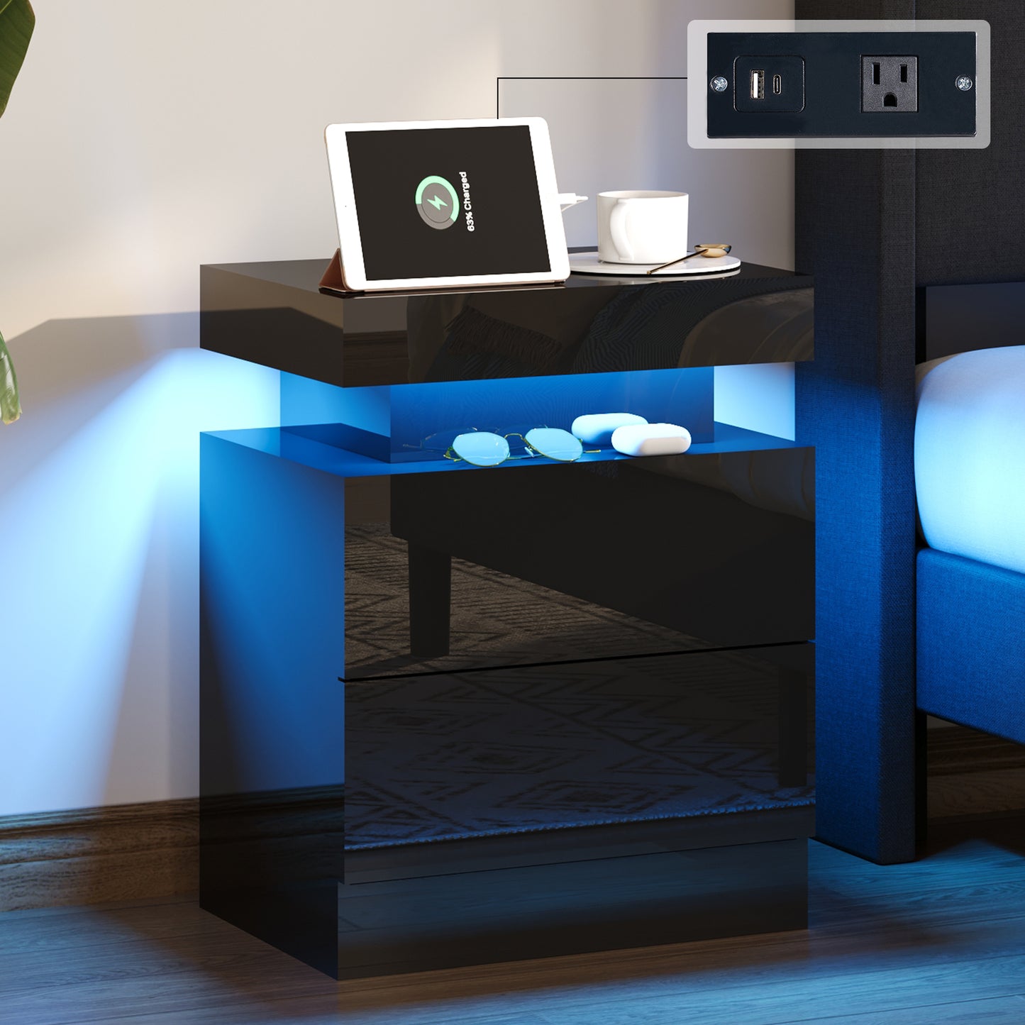 Nightstand Set of 2 with Charging Station and LED Light, Modern Side Table with 2 Drawers and Open Storage Shelf, End Table for Bedroom, Black