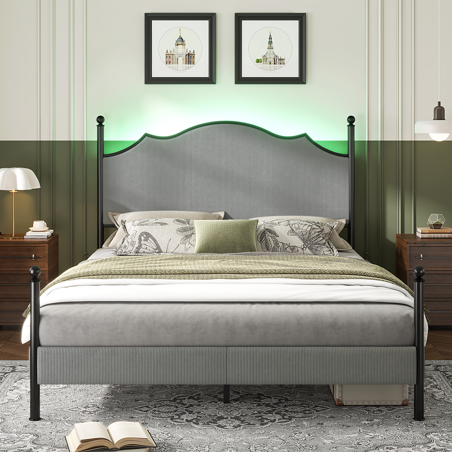 Merluxy Upholstered Full Size Bed Frame with 51.2" Tall Headboard, Metal Four Poster LED Beds for Bedroom, Easy Assembly, Wooden Slats, Grey