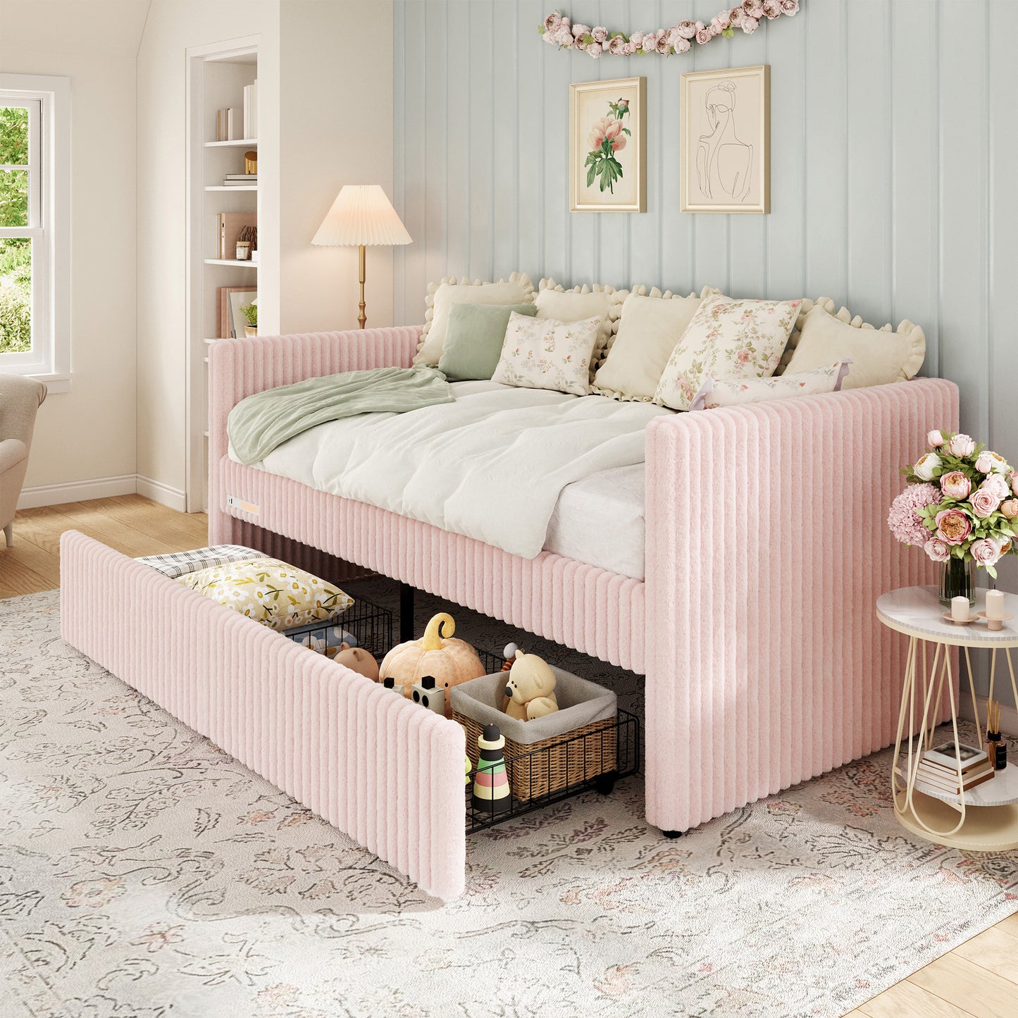 Jocisland Twin Size Corduroy Daybed with 2 Storage Drawers & Bedside Pockets, Upholstery Sofa Bed With Charging & Night Light, Easy Assembly, No Box Spring Needed, for Living Room, Bedroom
