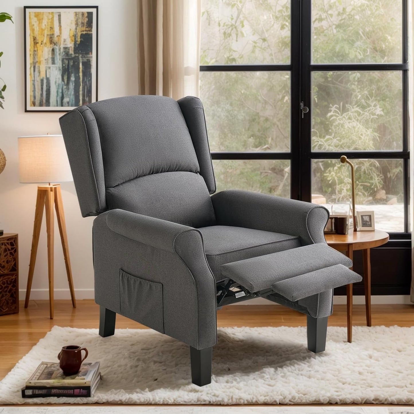 papajet Pushback Recliner Chair,Modern Fabric Wingback Accent Armchair with Storage Pockets and Wood Legs,Classic Living Room Single Sofa for Small Space