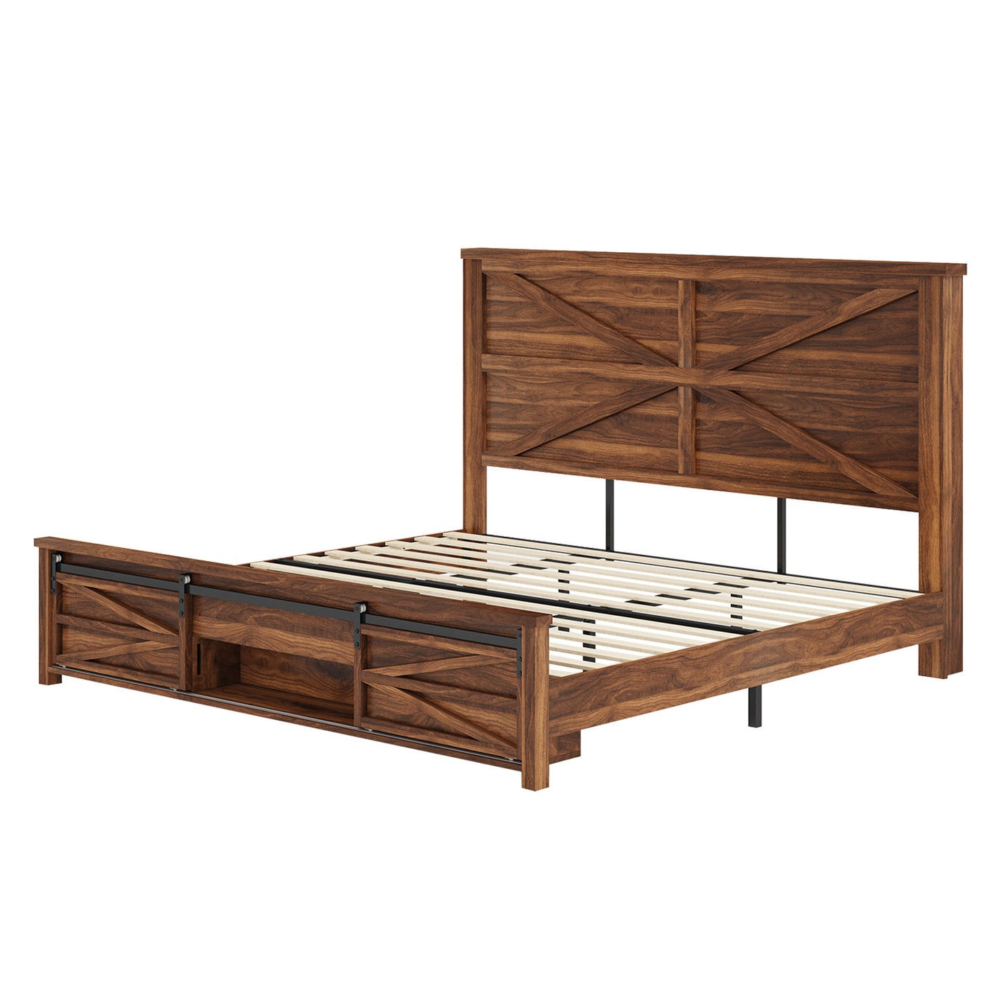 Merluxy Farmhouse Wood Bed Frame Full Size with Sliding Barn Door Storage Cabinets and Headboard,Solid Wood Slats Support,No Squeak, No Box Spring Needed,Rusric Brown