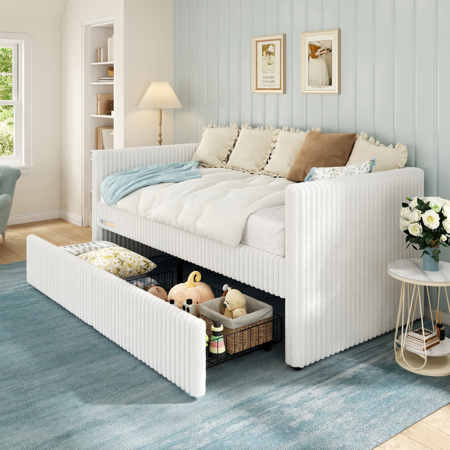 Jocisland Twin Size Corduroy Daybed with 2 Storage Drawers & Bedside Pockets, Upholstery Sofa Bed With Charging & Night Light, Easy Assembly, No Box Spring Needed, for Living Room, Bedroom