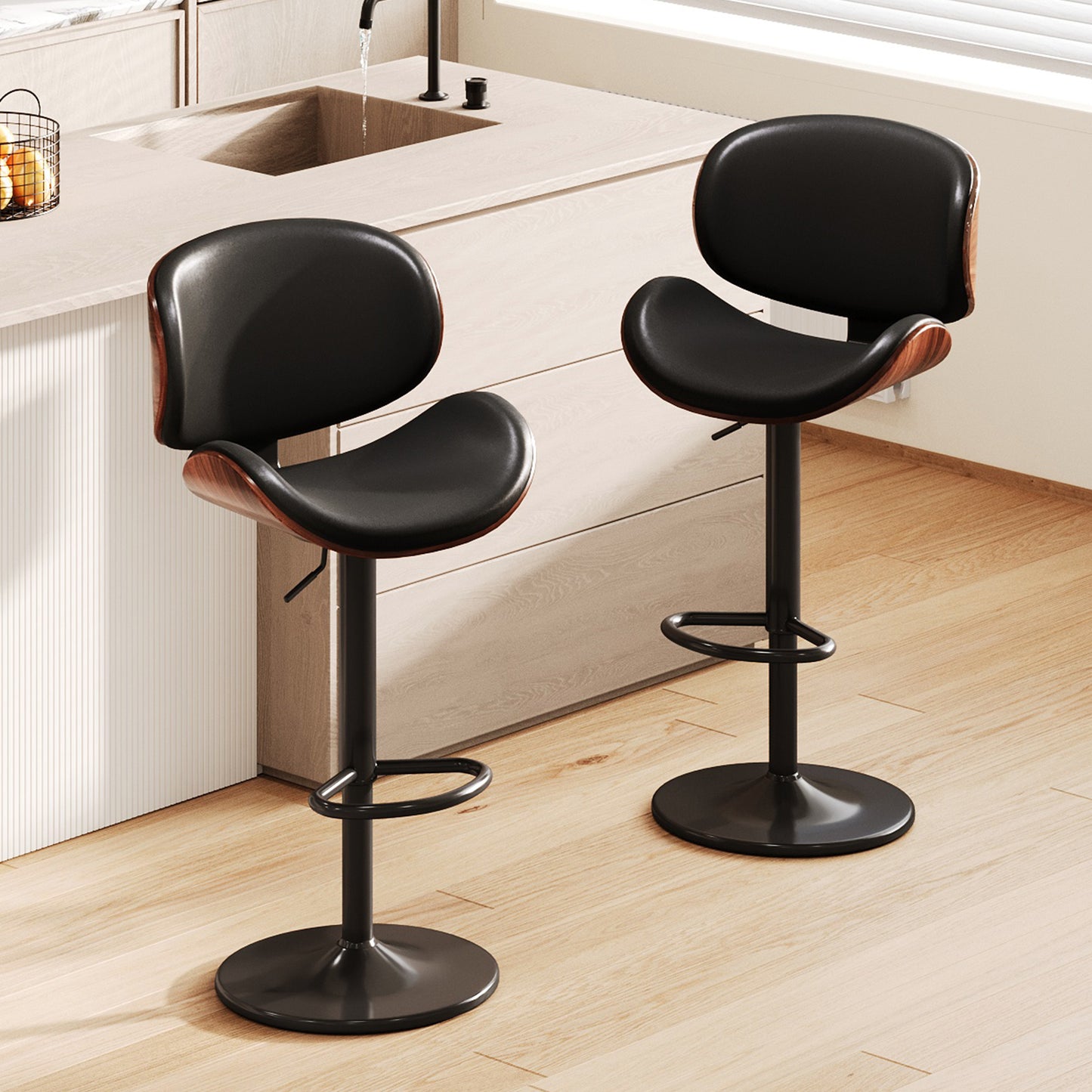 MERLUXY Modern Swivel Bar Stools Set of 4, Adjustable Bentwood Counter Height Barstools 24" to 33", PU Leather Upholstered Bar Chair with Back and Footrest, for Bar, Kitchen Island, Black