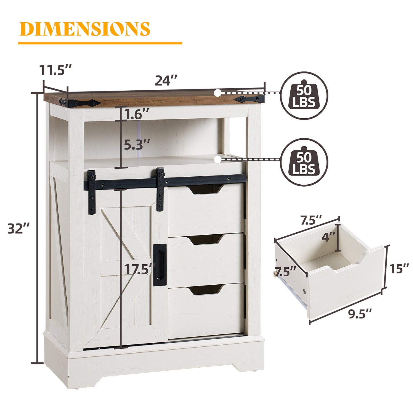 MERLUXY 24" Floor Cabinet, Farmhouse Storage Cabinet with 3 Drawers & Adjustable Shelf, Storage Cabinet with Sliding Barn Door for Bathroom, Kitchen, Living Room, Antique White & Barnwood