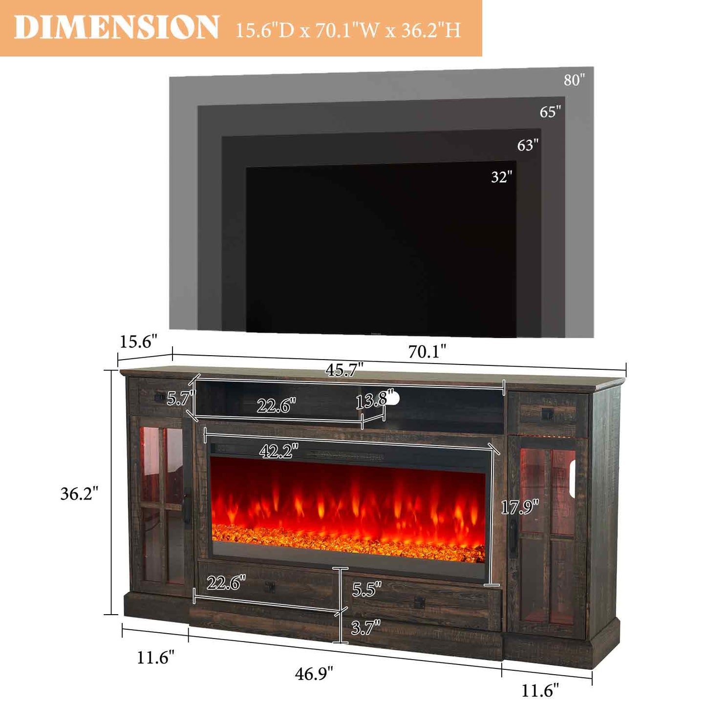 Merluxy 70“ Fireplace TV Stand for 80 Inch TV,Farmhouse TV Stand with 42" Fireplace & LED Lights,Entertainment Center with Storage Drawers & Cabinets,Antique White