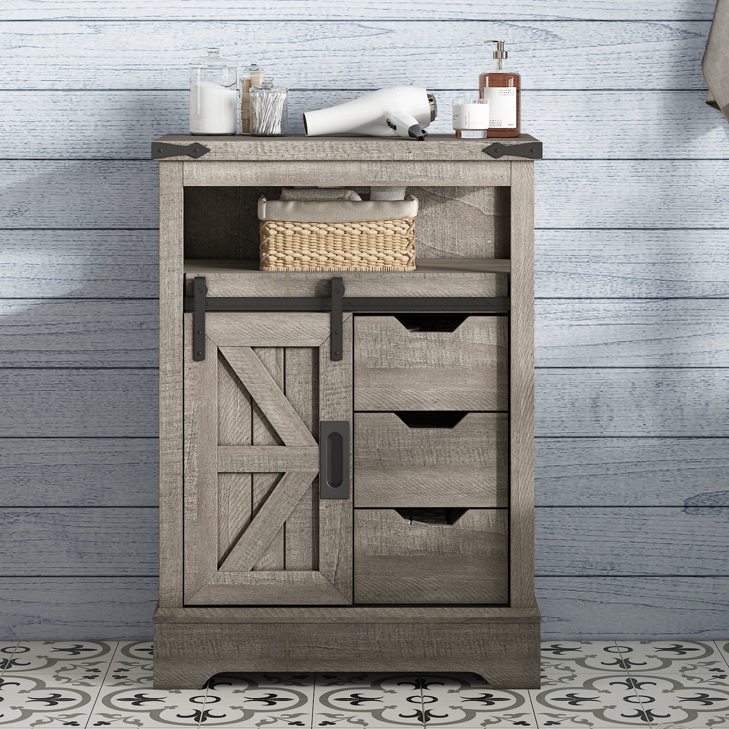 MERLUXY 24" Floor Cabinet, Farmhouse Storage Cabinet with 3 Drawers & Adjustable Shelf, Storage Cabinet with Sliding Barn Door for Bathroom, Kitchen, Living Room, Antique White & Barnwood