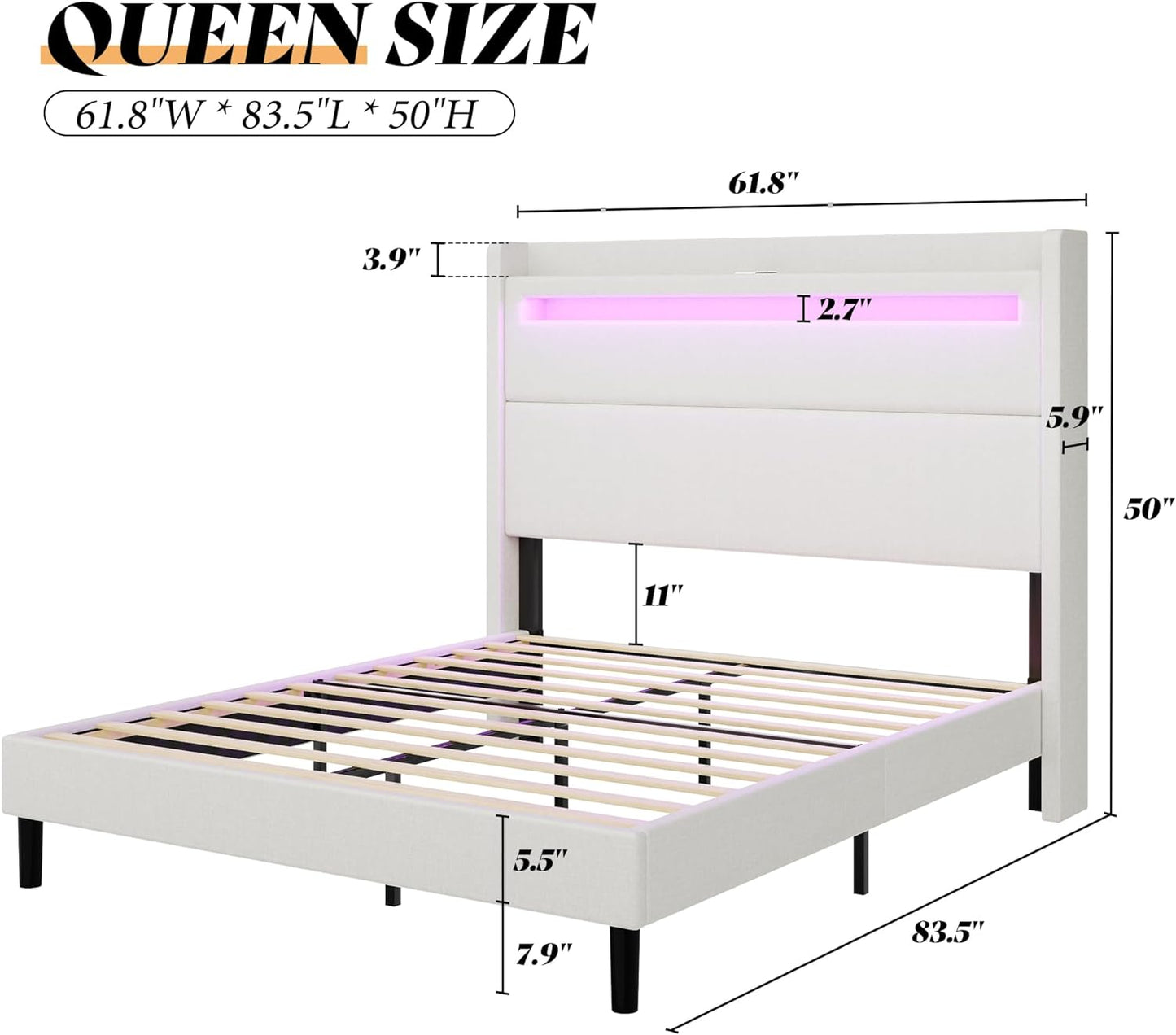 Bed Frame with LED Lights & Wingback Headboard, Upholstered Platform Bed with USB & USB-C Ports, No Box Spring Needed/Noise Free