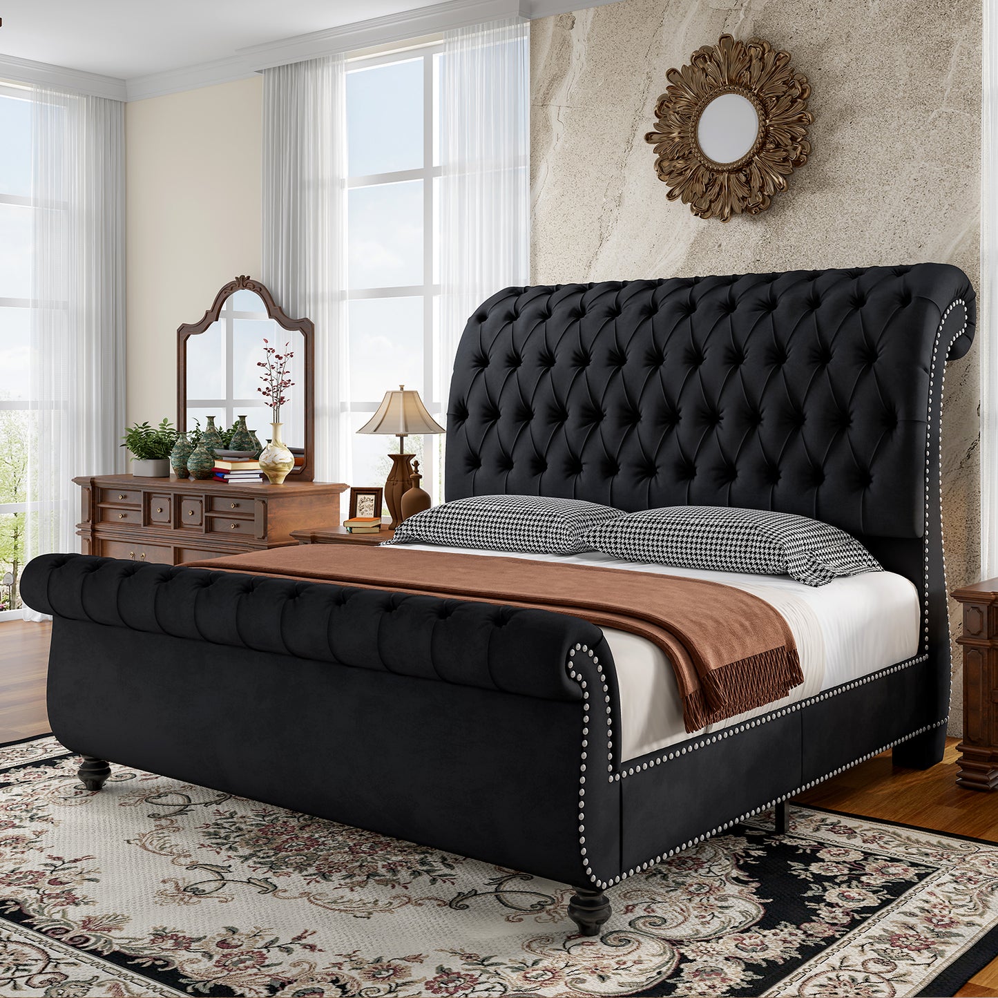Jocisland Velvet Upholstered Platform Sleigh Bed Frame with Scroll Headboard & Footboard, Button Tufted