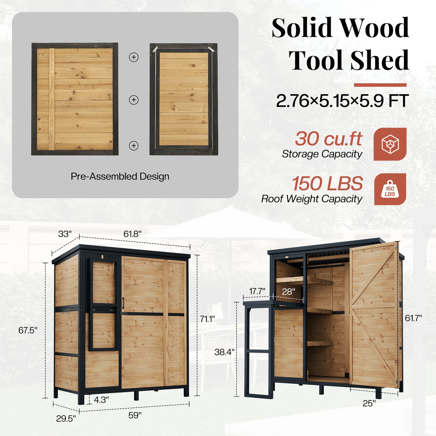 Jocisland Solid Fir Wood Outdoor Storage Shed,Garden Tool Shed with Foldable Workbench, Adjustable Shelves,Sloping Roof,Weatherproof Utility Cabinet for Backyard,Patio&Lawn, Poolside,2.76x5.15x5.9 FT