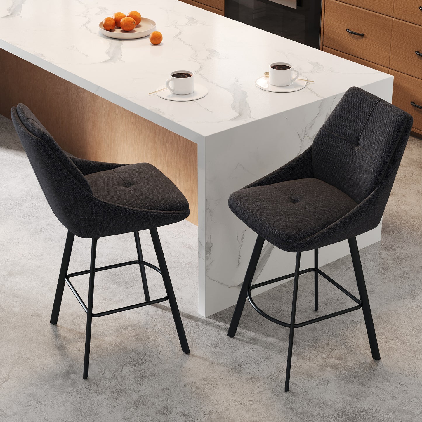 Melucy Counter Height Bar Stools Set of 2, 360° Swivel Bar Stools with Curved Back and Large Seat Cushion, 41" Tall Linen Bar Chair with Metal Footrest, Modern Barstools for Kitchen Island, Black