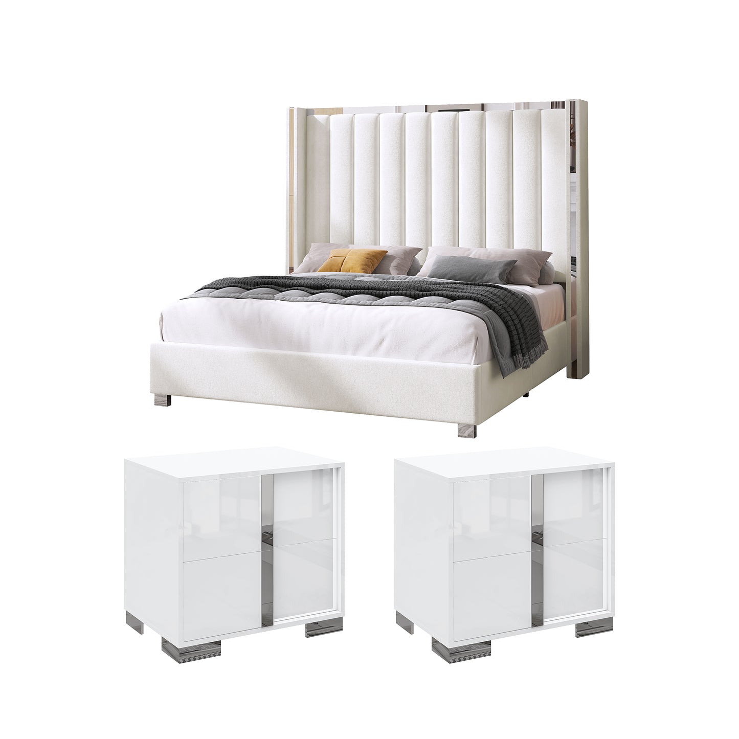 AMERLIFE 3-Piece Modern Bedroom Set Upholstered Bed Frame with 58" Wingback Headboard and 2 White Nightstands