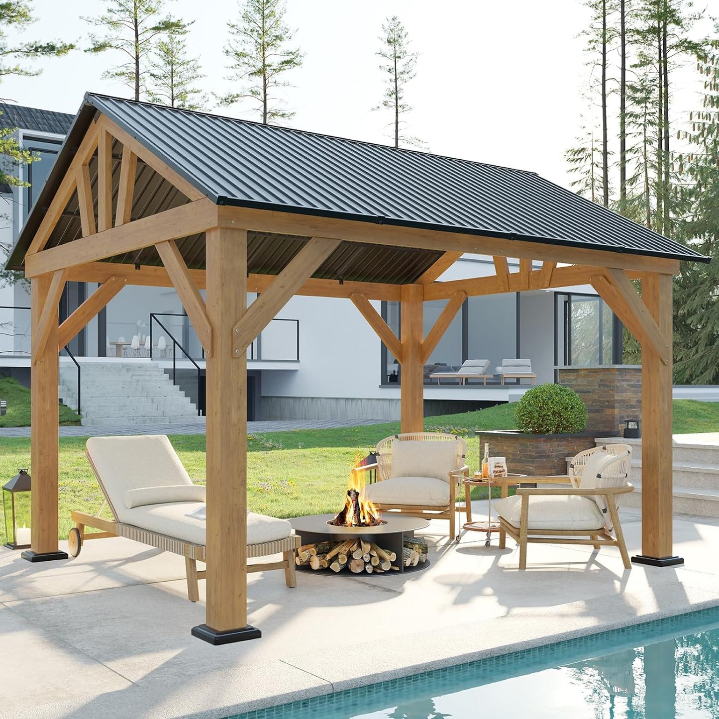 Jocisland Wood Gazebo, Hardtop Gazebo with Metal Steel Gable Roof, Outdoor Gazebo with Guest House for Garden, Porch, Patio, Black + Natural Wood
