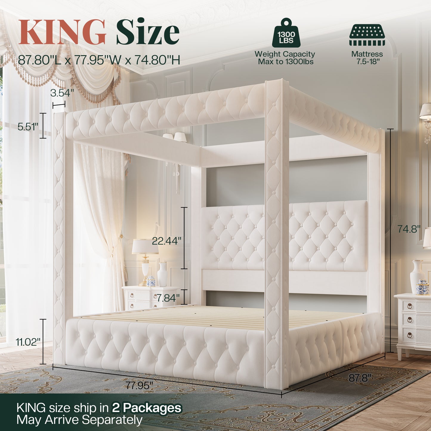 Jocisland Upholstered Canopy Bed Frame with 74.8" Tall Four Poster and Velvet Deep-Tufted Tall Headboard with Charging Station/Modern Luxury Style/No Box Spring Needed