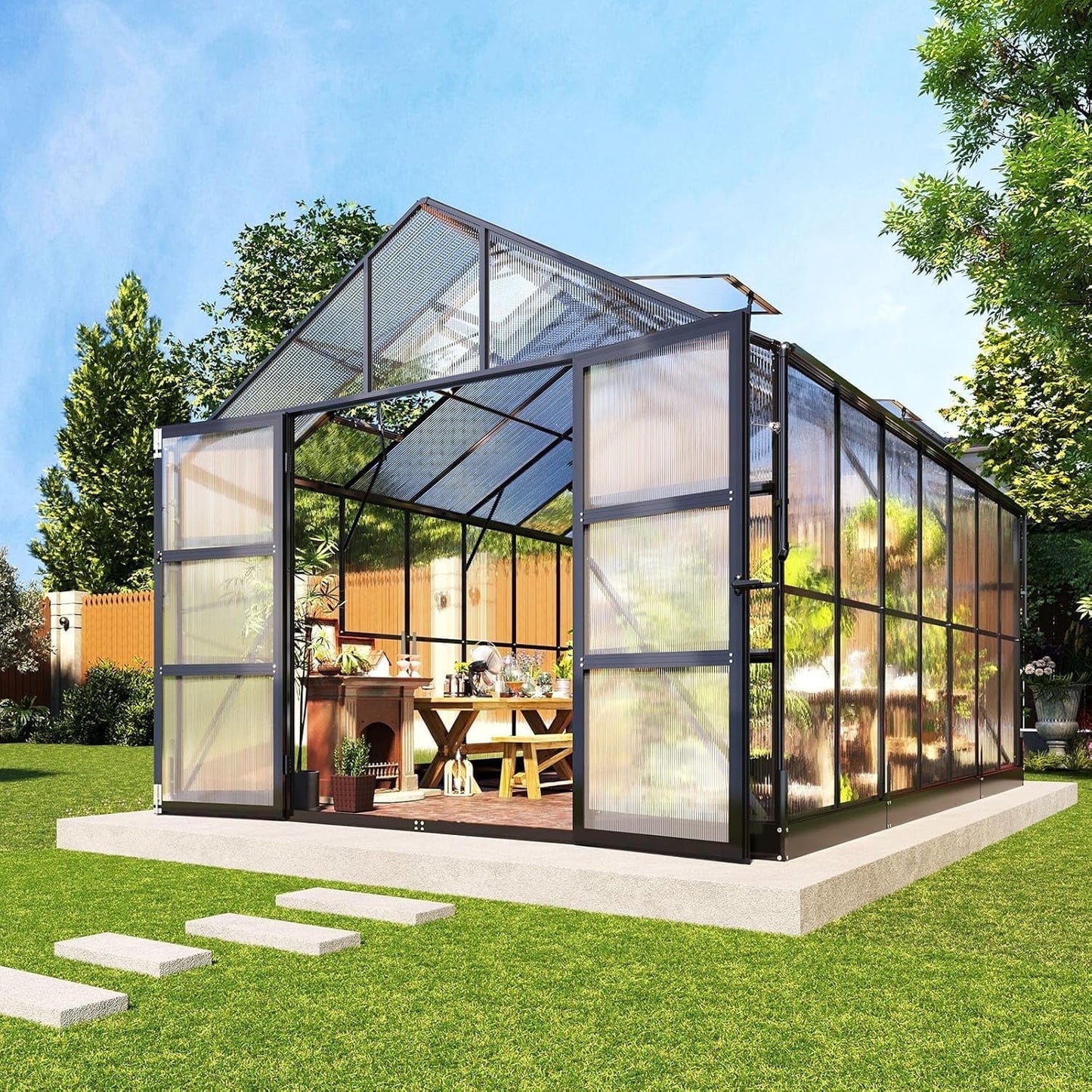 Jocisland 10x12 FT Polycarbonate Greenhouse with Rain Gutter & 4 Roof Vents, Heavy Duty Aluminum Greenhouse for Outdoor Garden Backyard, Black
