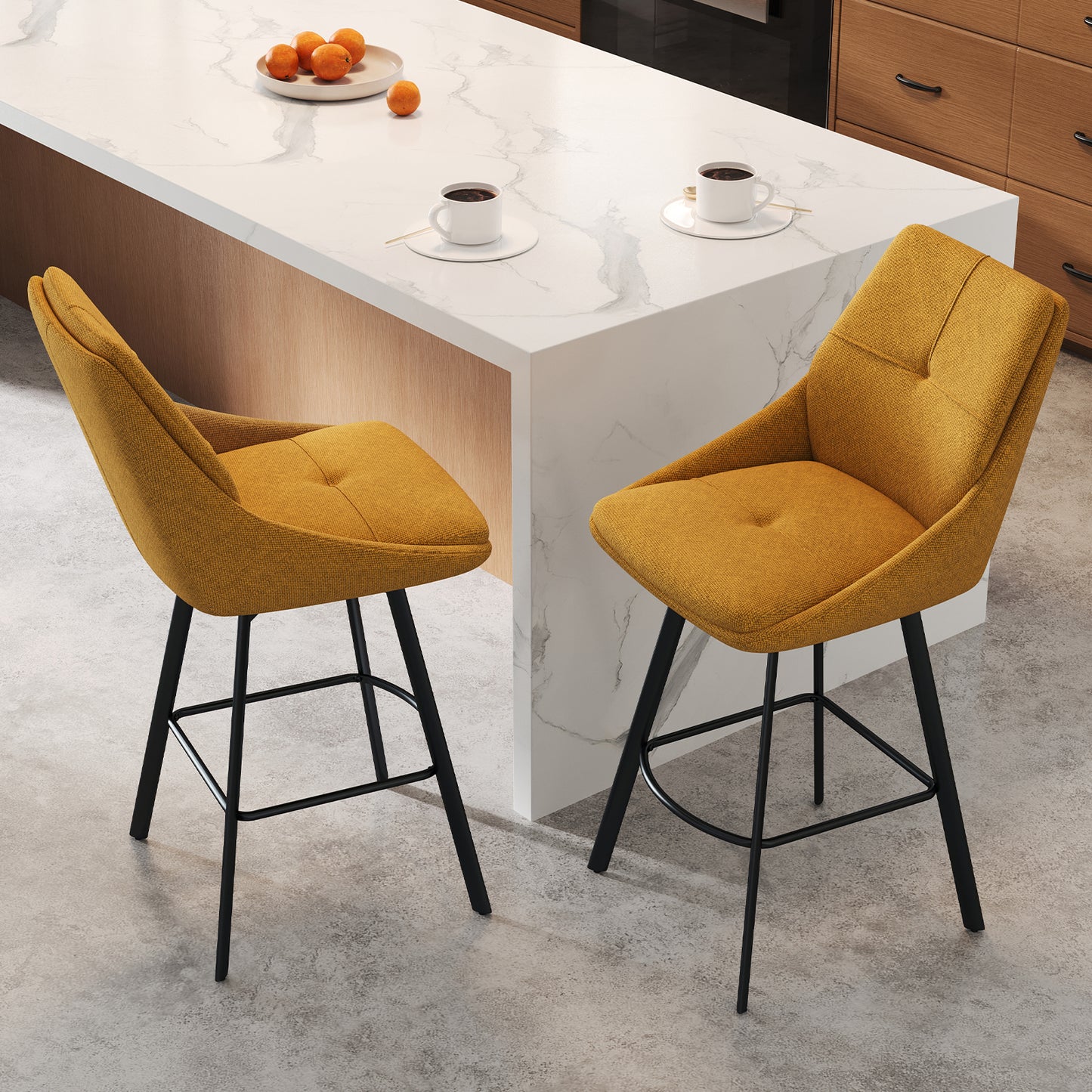 Melucy Counter Height Bar Stools Set of 2, 360° Swivel Bar Stools with Curved Back and Large Seat Cushion, 41" Tall Linen Bar Chair with Metal Footrest, Modern Barstools for Kitchen Island, Black