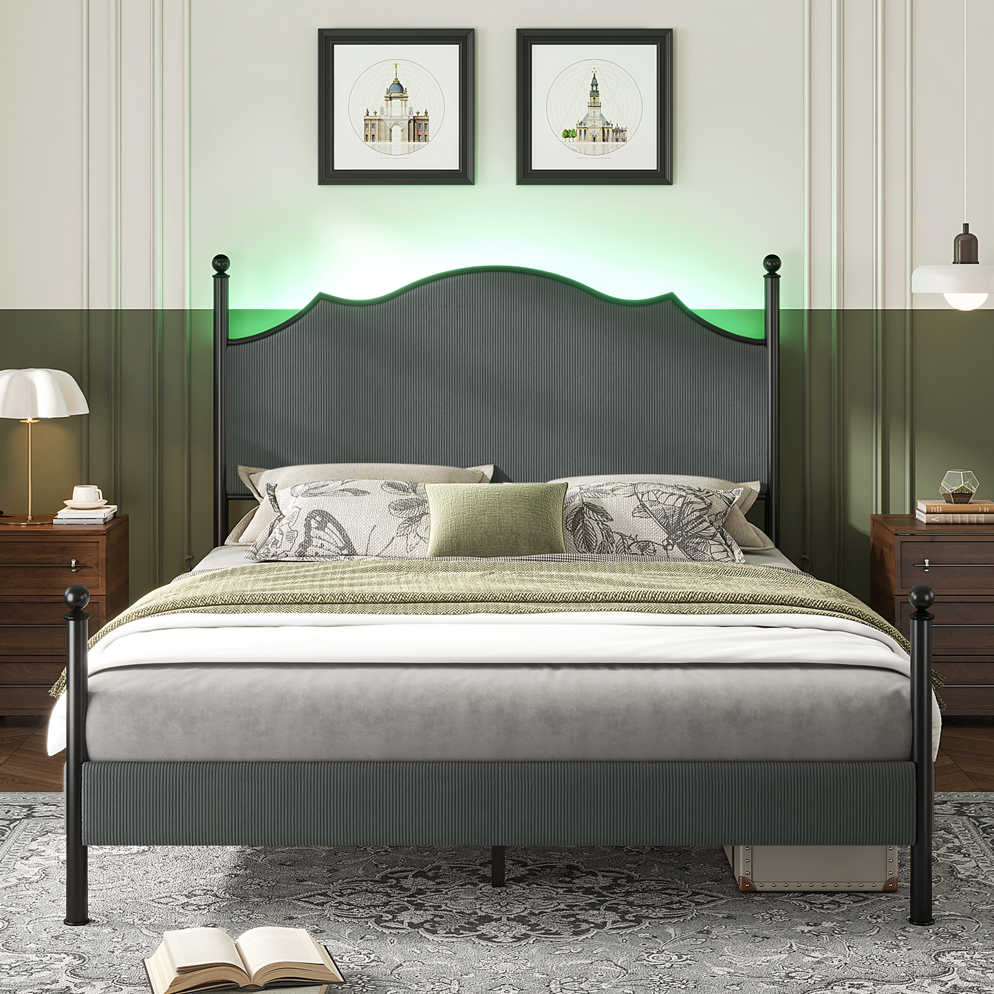 Merluxy Upholstered Full Size Bed Frame with 51.2" Tall Headboard, Metal Four Poster LED Beds for Bedroom, Easy Assembly, Wooden Slats, Grey