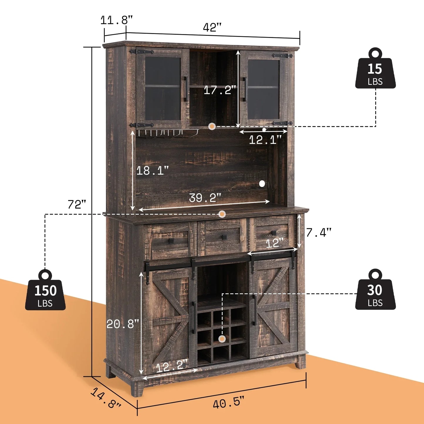 Farmhouse Kitchen Cabinet Coffee Display Bar with LED Lights, Dark Rustic Oak