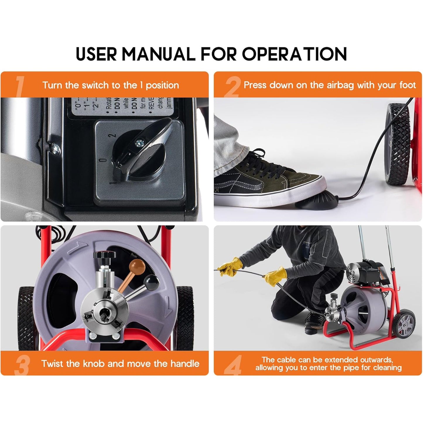 Jocisland Drain Cleaner Machine 75 FT x 3/8 inch, Auto Feed Electric Drain Snake with 9 Cutters & Air-activated Foot Switch for 1 to 4 Inch Pipes, Sewer Snake Auger, Grey/Red