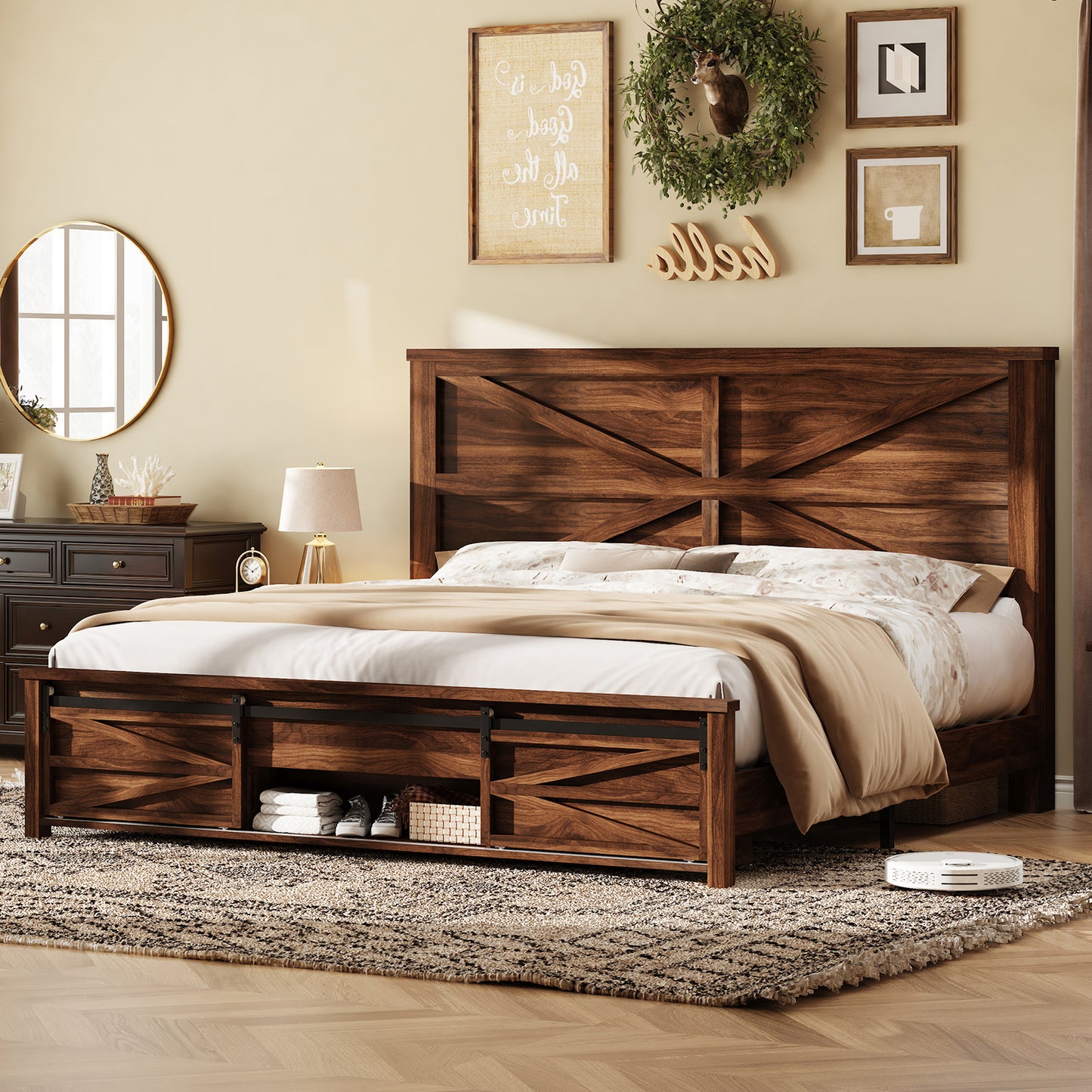 Merluxy Farmhouse Wood Bed Frame Full Size with Sliding Barn Door Storage Cabinets and Headboard,Solid Wood Slats Support,No Squeak, No Box Spring Needed,Rusric Brown