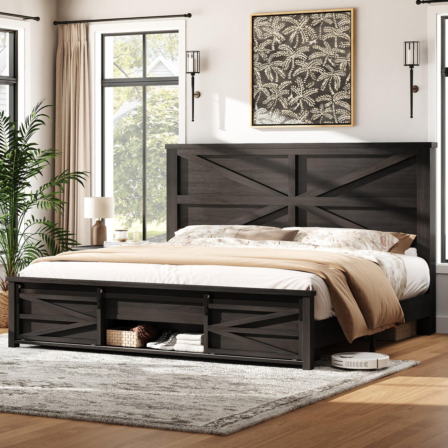 Merluxy Farmhouse Wood Bed Frame Full Size with Sliding Barn Door Storage Cabinets and Headboard,Solid Wood Slats Support,No Squeak, No Box Spring Needed,Rusric Brown