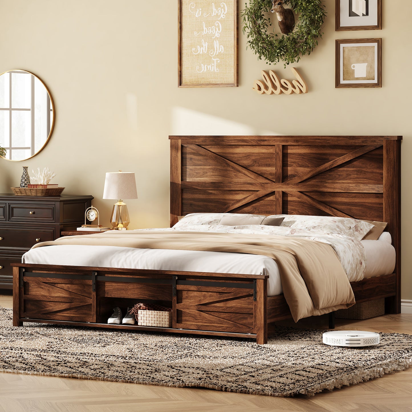 Merluxy Farmhouse Wood Bed Frame Full Size with Sliding Barn Door Storage Cabinets and Headboard,Solid Wood Slats Support,No Squeak, No Box Spring Needed,Rusric Brown