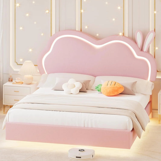 papajet Floating Bed Frame with Adjustable LED Headboard, Cute Leather Upholstered Platform Bed Frame with Wood Slats Support, Easy Assembly, No Box Spring Needed