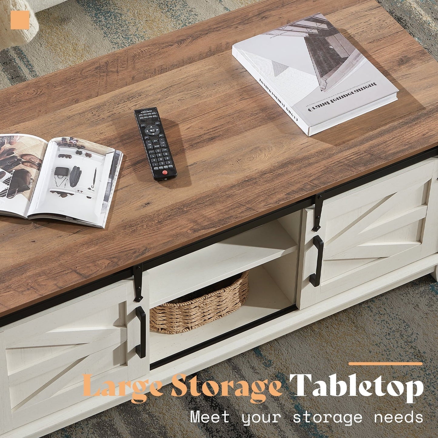 Farmhouse Coffee Table with Storage Sliding Barn Doors, Antique White