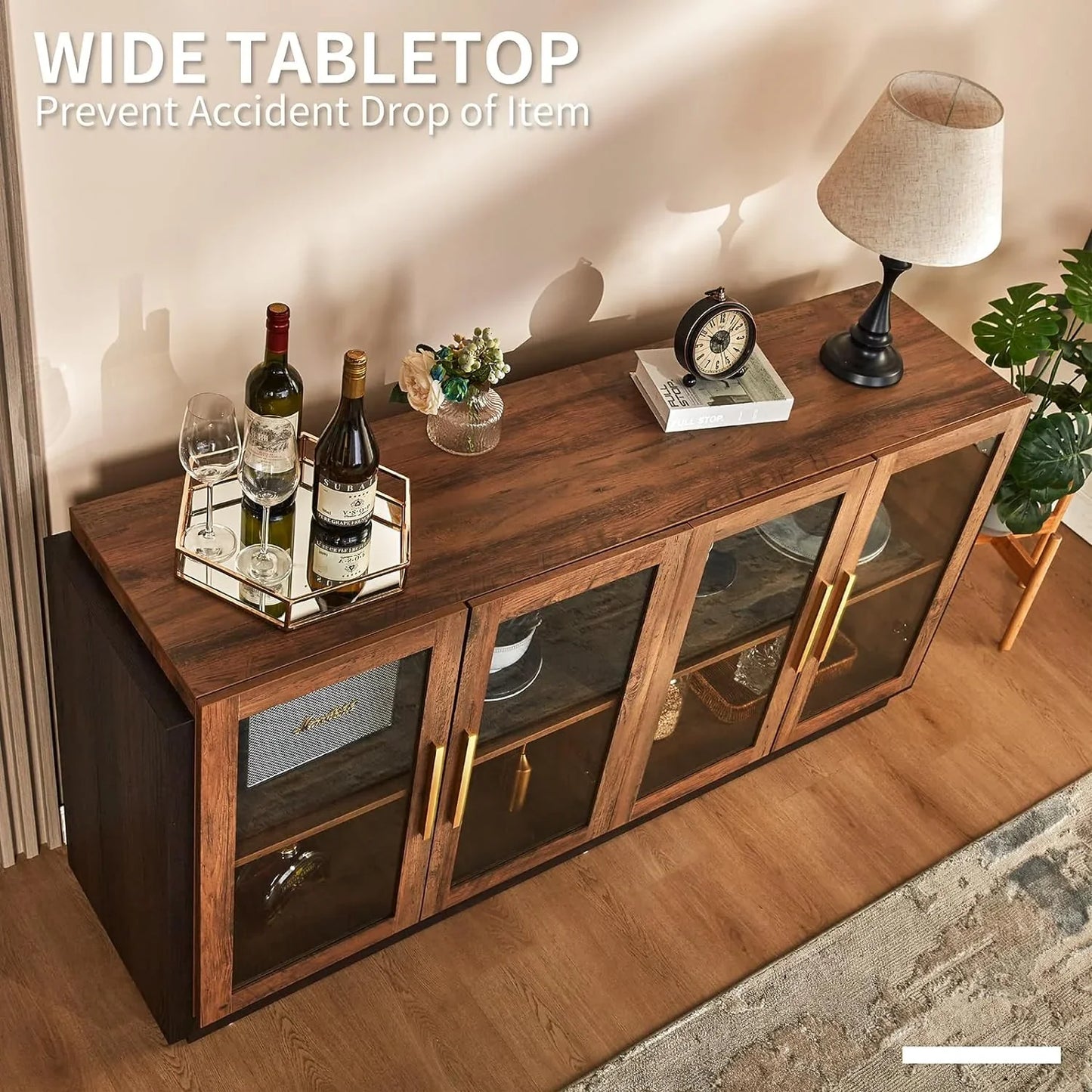 Sideboard Buffet Cabinet with Storage, Modern Wood Glass-Buffet Cabinet with LED Light Brown