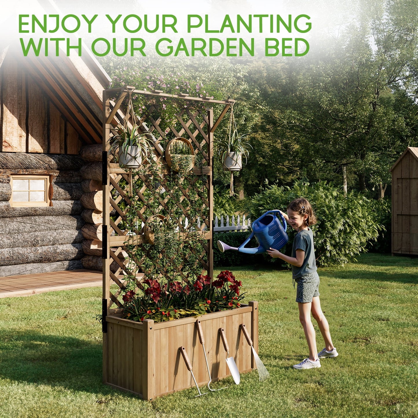Jocisland Wooden Raised Garden Bed for Outdoor, Deep Large Planter Box with Diamond Lattice Trellis for Climbing Plants, Vegetables, Gardening（3× 2× 6FT）