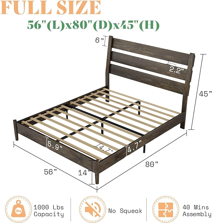 Solid Wood Bed Frame, Mid Century Platform Bed with Reclining Slatted Headboard, Wood Slat Support/No Box Spring Needed/Noise Free,