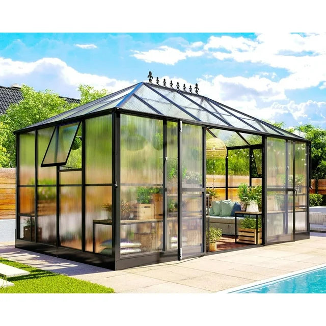 Jocisland 10x18 FT Polycarbonate Greenhouse with Rain Gutter & 4 Roof Vents, Heavy Duty Aluminum Greenhouse for Outdoor Garden Backyard, Black
