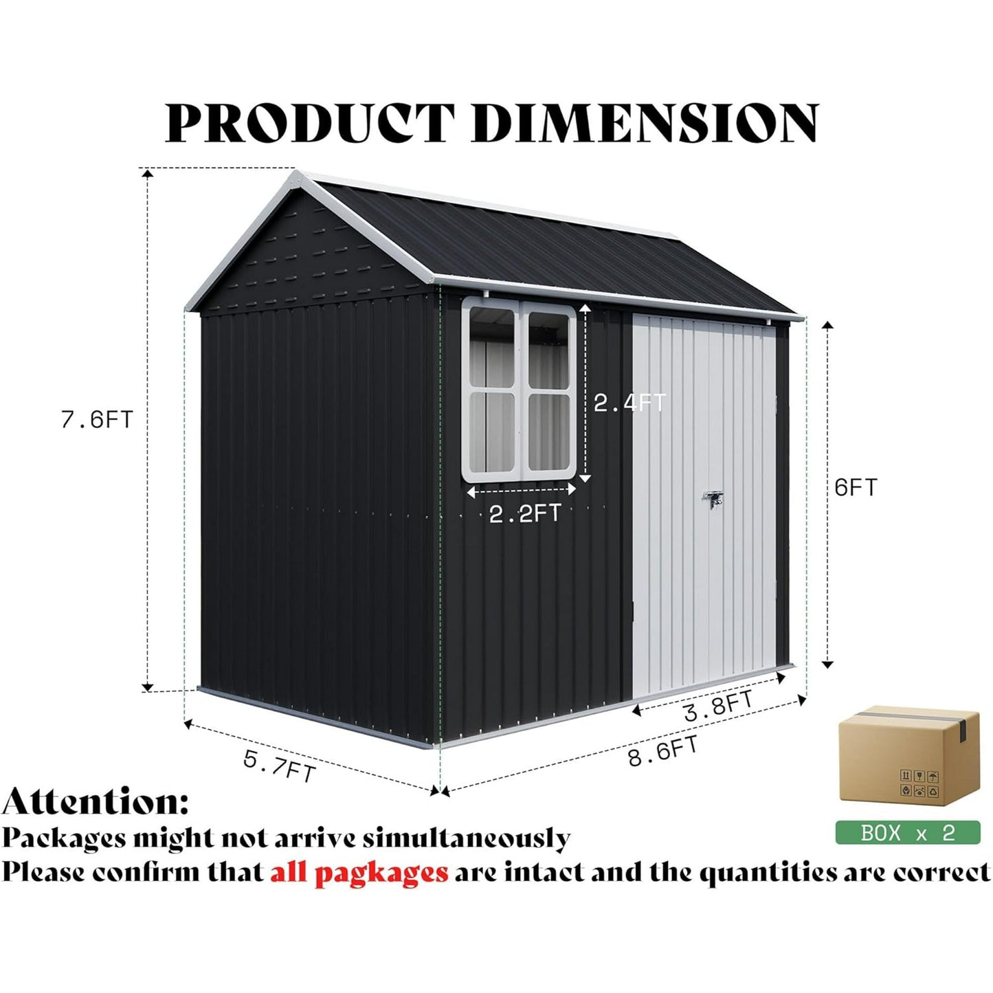 Jocisland 8.6x6x8 FT Outdoor Storage Shed with Lockable Upgraded Vents and Hinged Double Doors, Metal Shed for Backyard, Patio, Garden, Dark Black/White