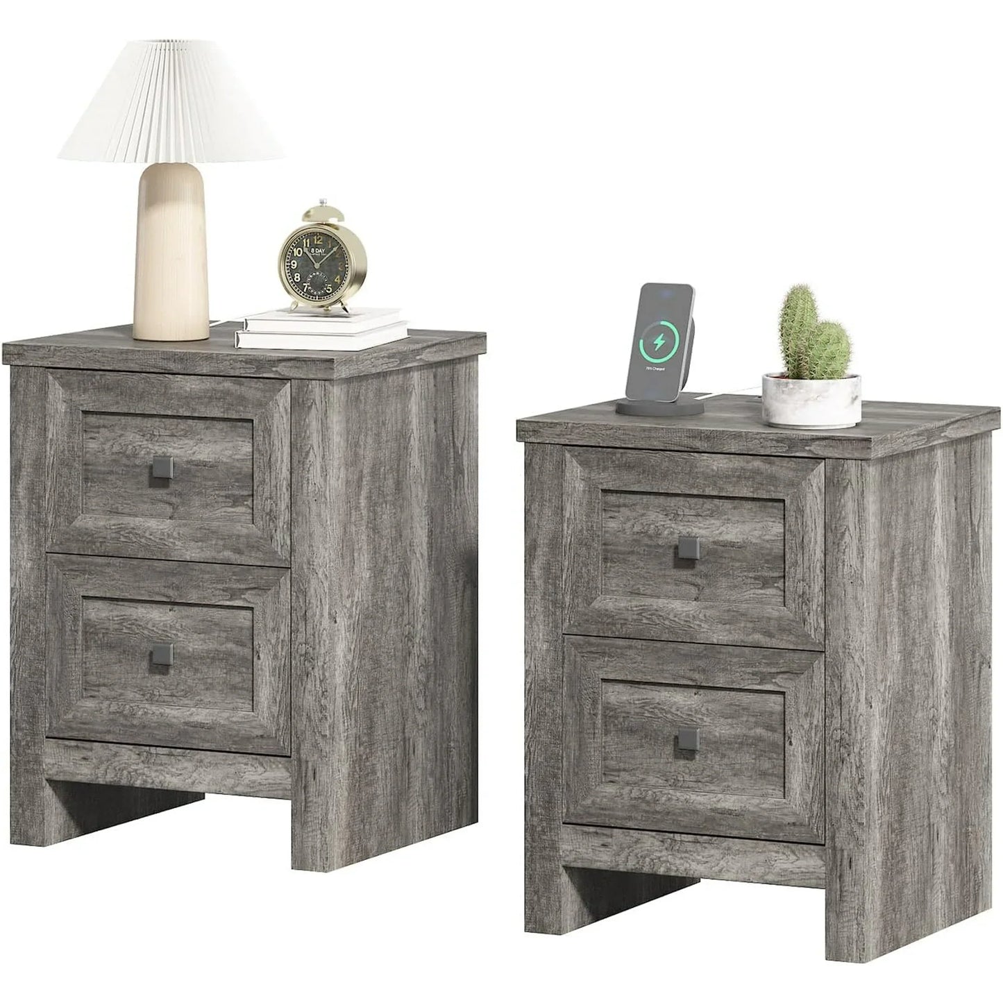 Nightstand Set of 2 with Charging Station, Wood End Table with 2 Drawers Storage Cabinet Grey