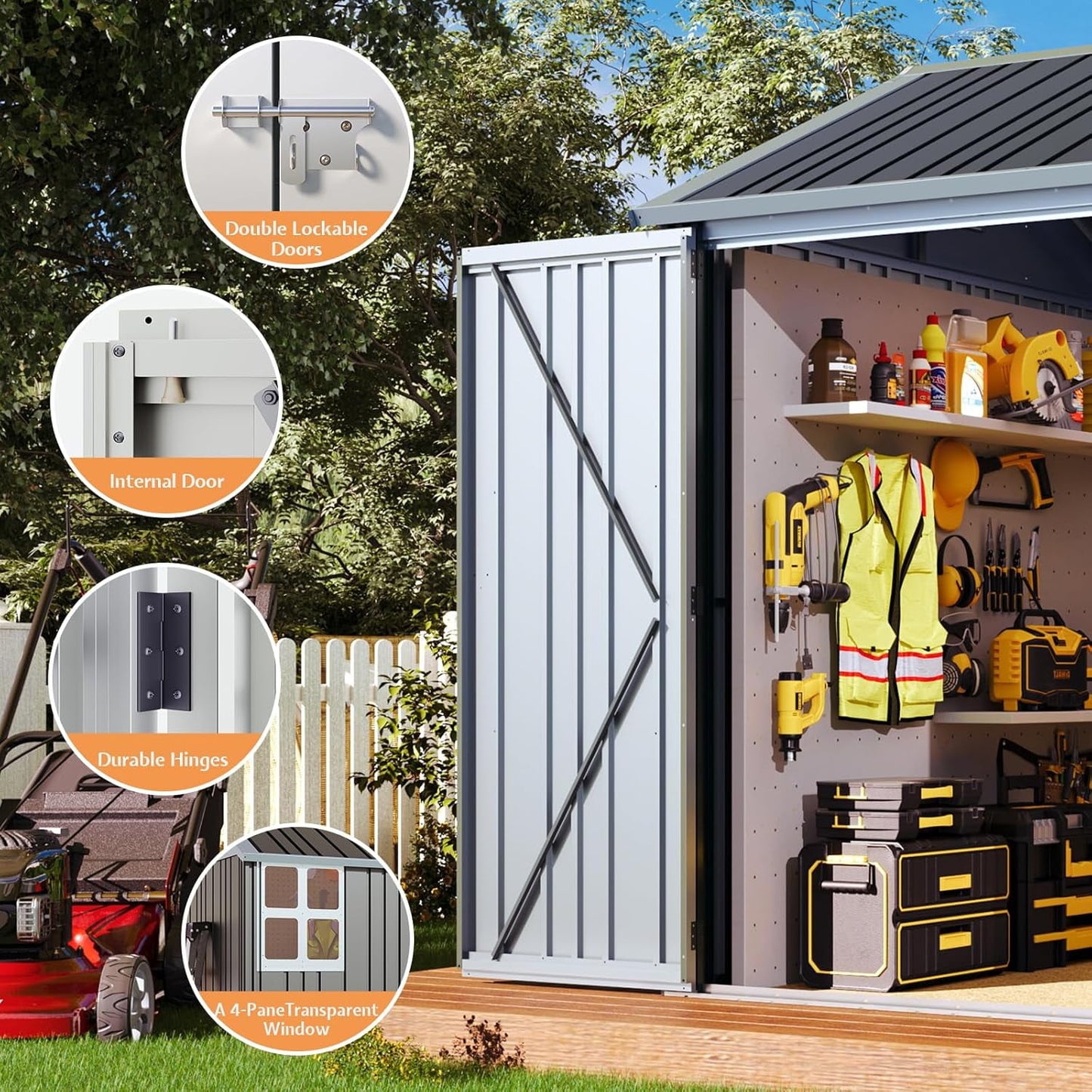 Jocisland 8.5x7.1x7.5 FT Galvanized Steel Outdoor Storage Shed, 4 Vents and Lockable Double Hinged Doors, Metal Shed for Backyard Storage, Dark Black/White