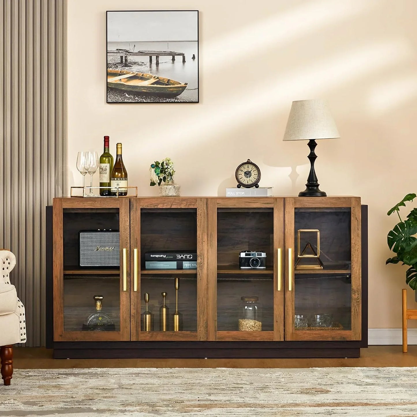 Sideboard Buffet Cabinet with Storage, Modern Wood Glass-Buffet Cabinet with LED Light Brown