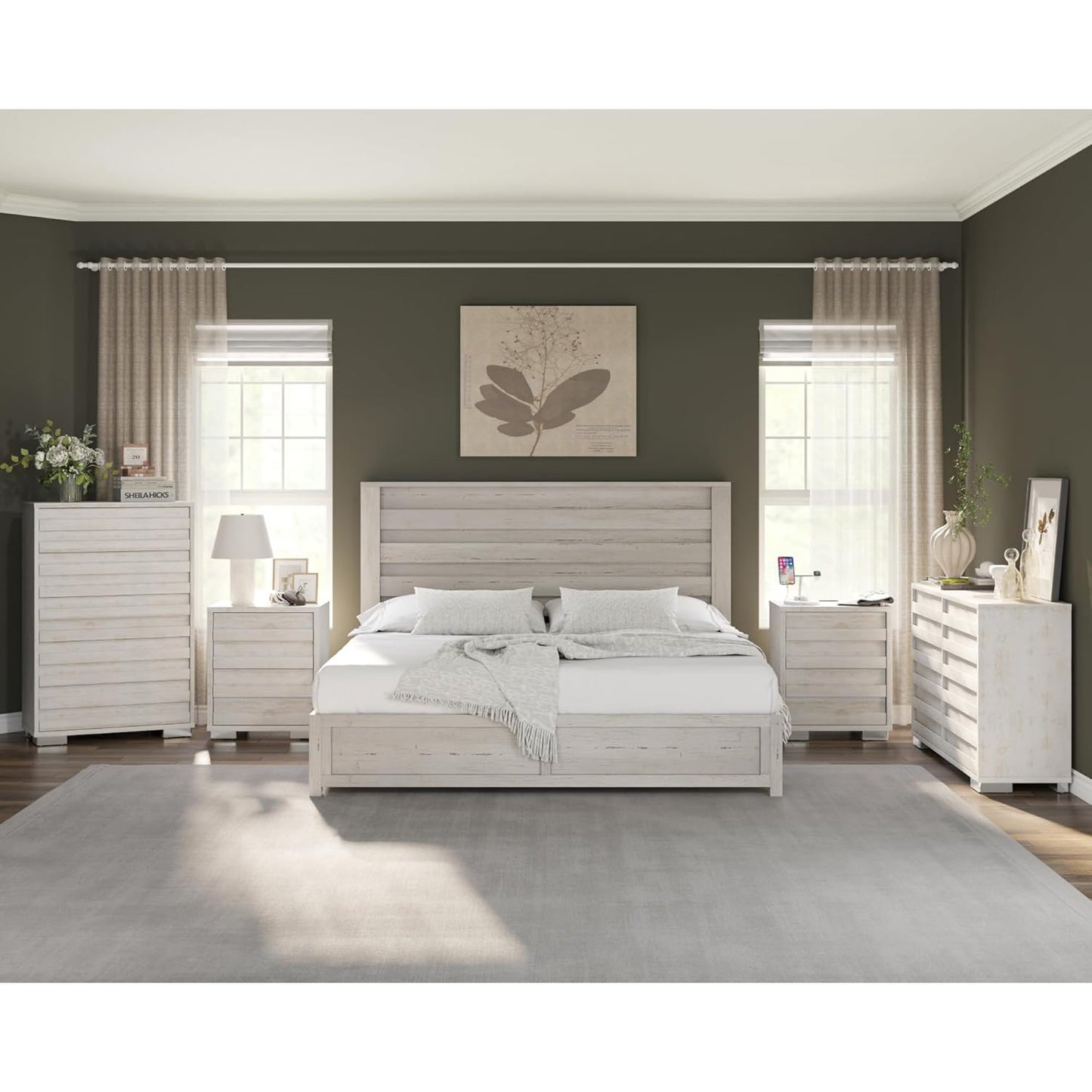 AMERLIFE 5 Piece Farmhouse Bedroom Set, Queen Bed Frame with 49" Fluted Headboard, 54" Wide 6 Drawer Dresser, 47" High 5 Drawer Dresser, 2 Drawer Nightstand with Charging Stand, Black