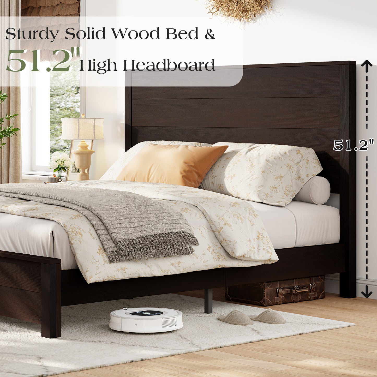 Merluxy Full Size 51.2" Wood Bed Frame, Rustic Platform Bed with Spliced Headboard, Wood Slats Support/Noiseless/No Box Spring Needed/Antique White