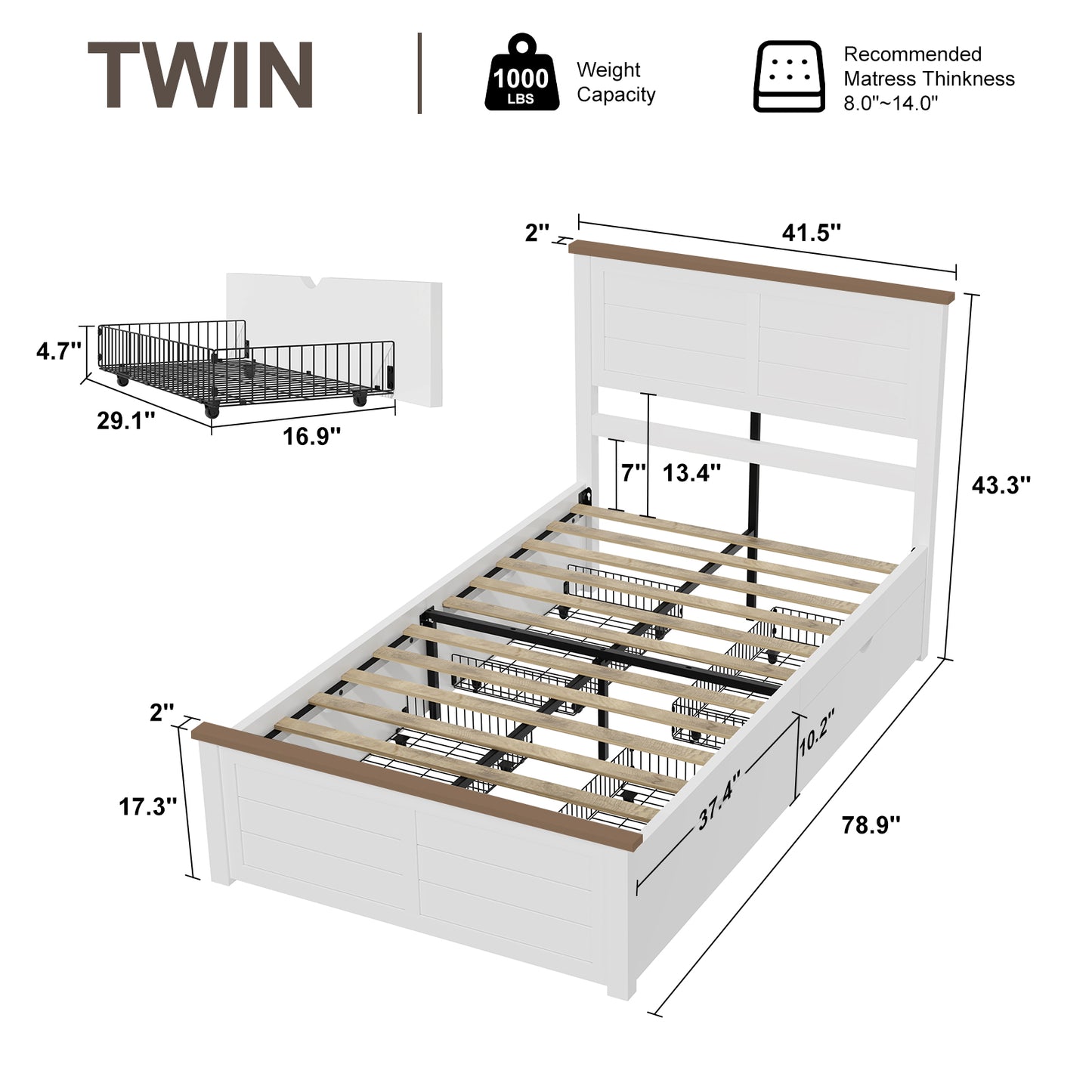 Farmhouse Twin Size Bed Frame with Headboard and 4 Storage Drawers, Solid Wood Barn Door Platform Bed with Wood Slats, Heavy Duty Mattress Foundation, Non-Slip & Noise-Free, Antique White