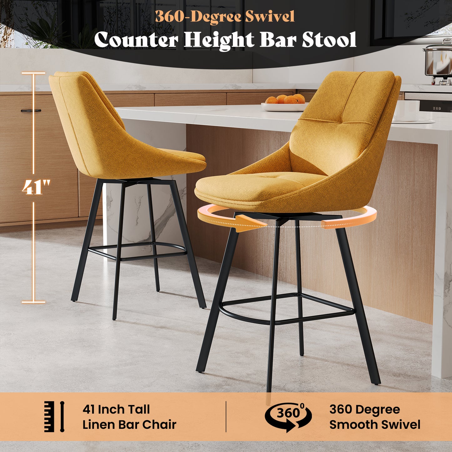 Melucy Counter Height Bar Stools Set of 2, 360° Swivel Bar Stools with Curved Back and Large Seat Cushion, 41" Tall Linen Bar Chair with Metal Footrest, Modern Barstools for Kitchen Island, Black