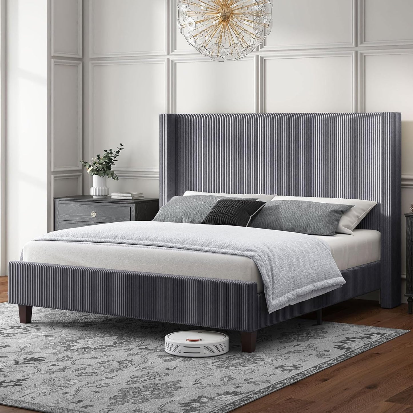 Upholstered Platform Bed Frame, Wingback Bed with 50.8" Headboard, Corduroy/Solid Wood Leg/No Box Spring Needed/Noise Free