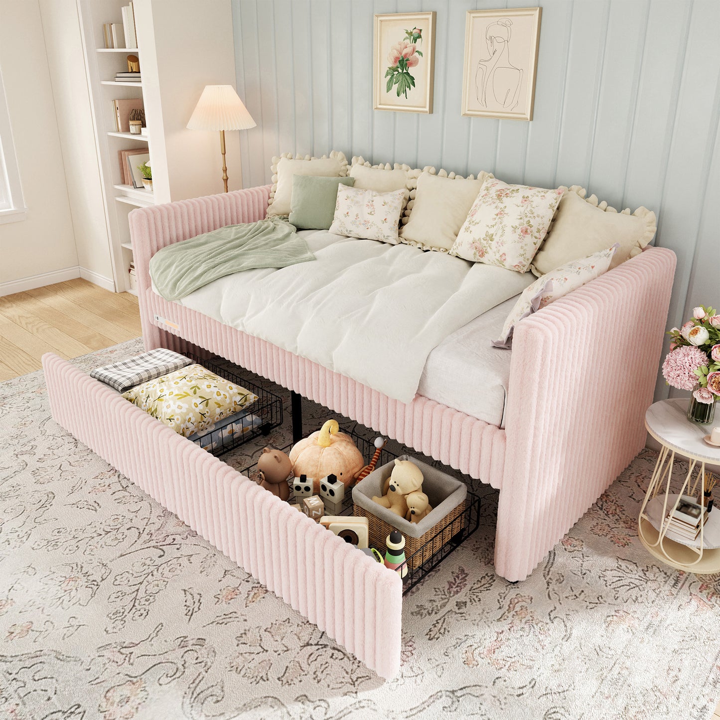 Jocisland Twin Size Corduroy Daybed with 2 Storage Drawers & Bedside Pockets, Upholstery Sofa Bed With Charging & Night Light, Easy Assembly, No Box Spring Needed, for Living Room, Bedroom