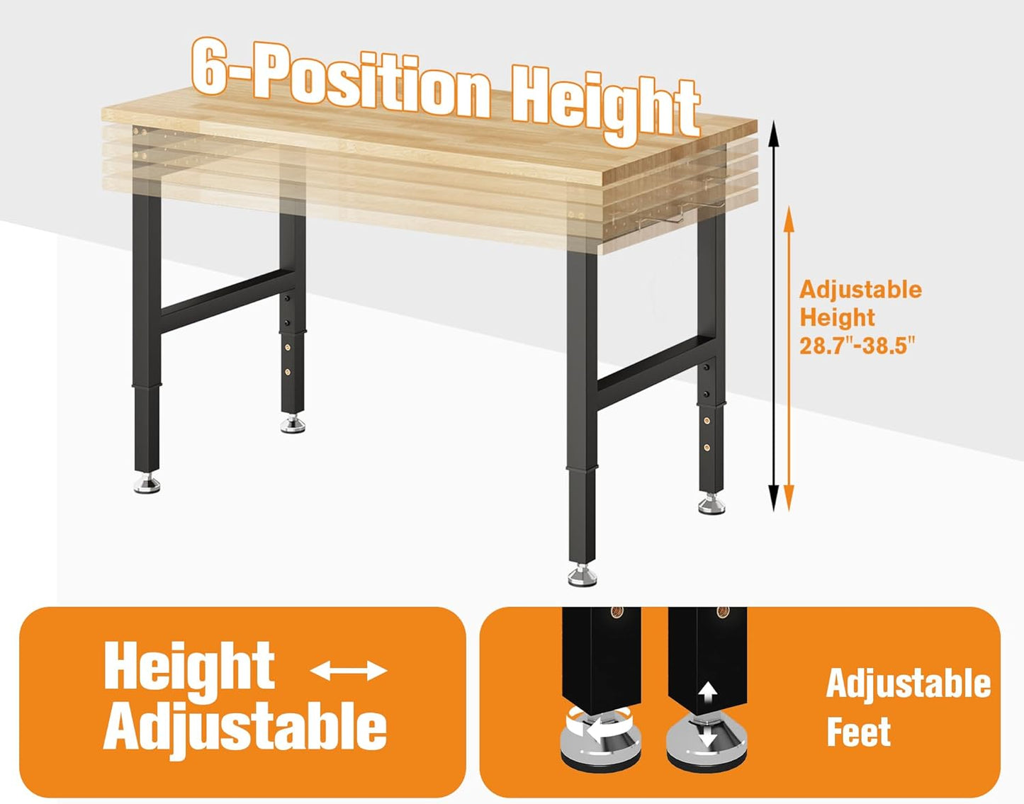 LUXOAK Adjustable Workbench with Power Outlets, 2000 Lbs Capacity Rubber Wood Top Work Benches for Garage, Heavy Duty Work bench, Office, Studio
