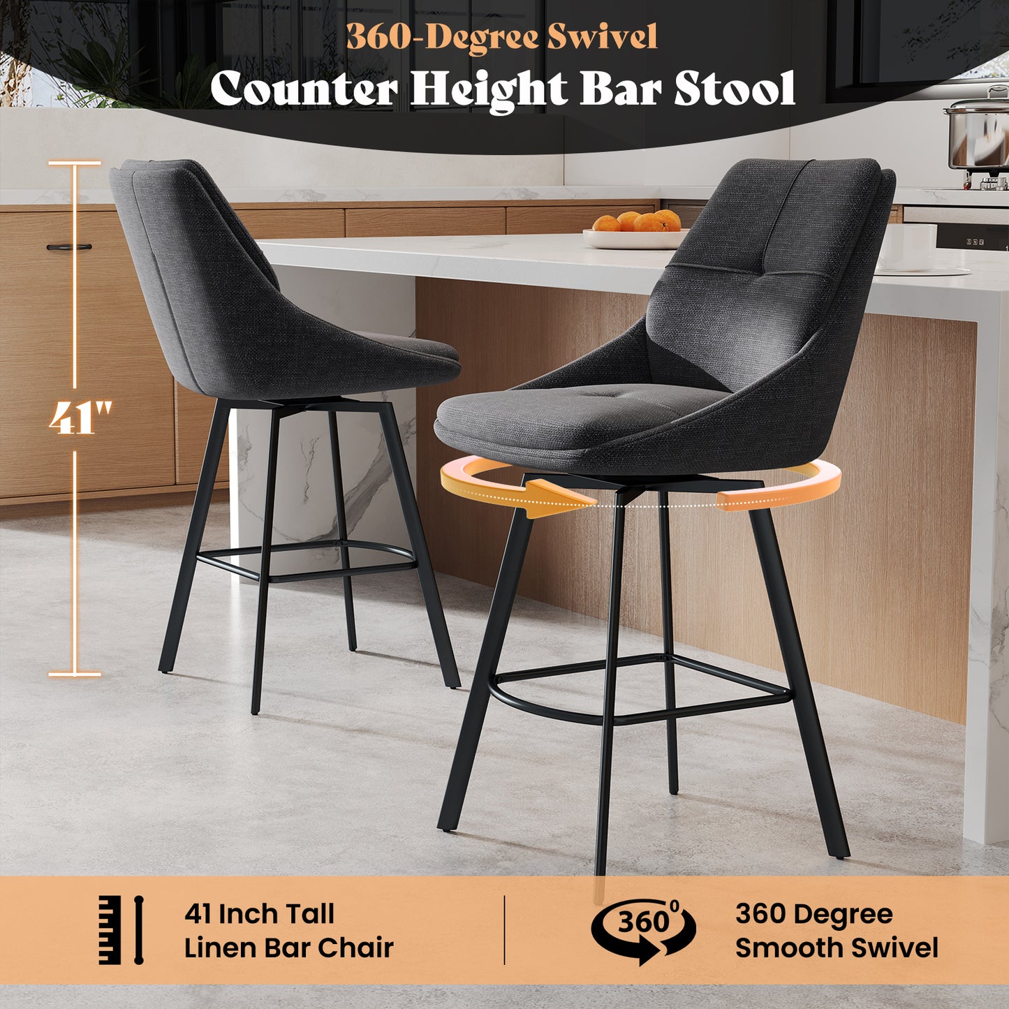 Melucy Counter Height Bar Stools Set of 2, 360° Swivel Bar Stools with Curved Back and Large Seat Cushion, 41" Tall Linen Bar Chair with Metal Footrest, Modern Barstools for Kitchen Island, Black