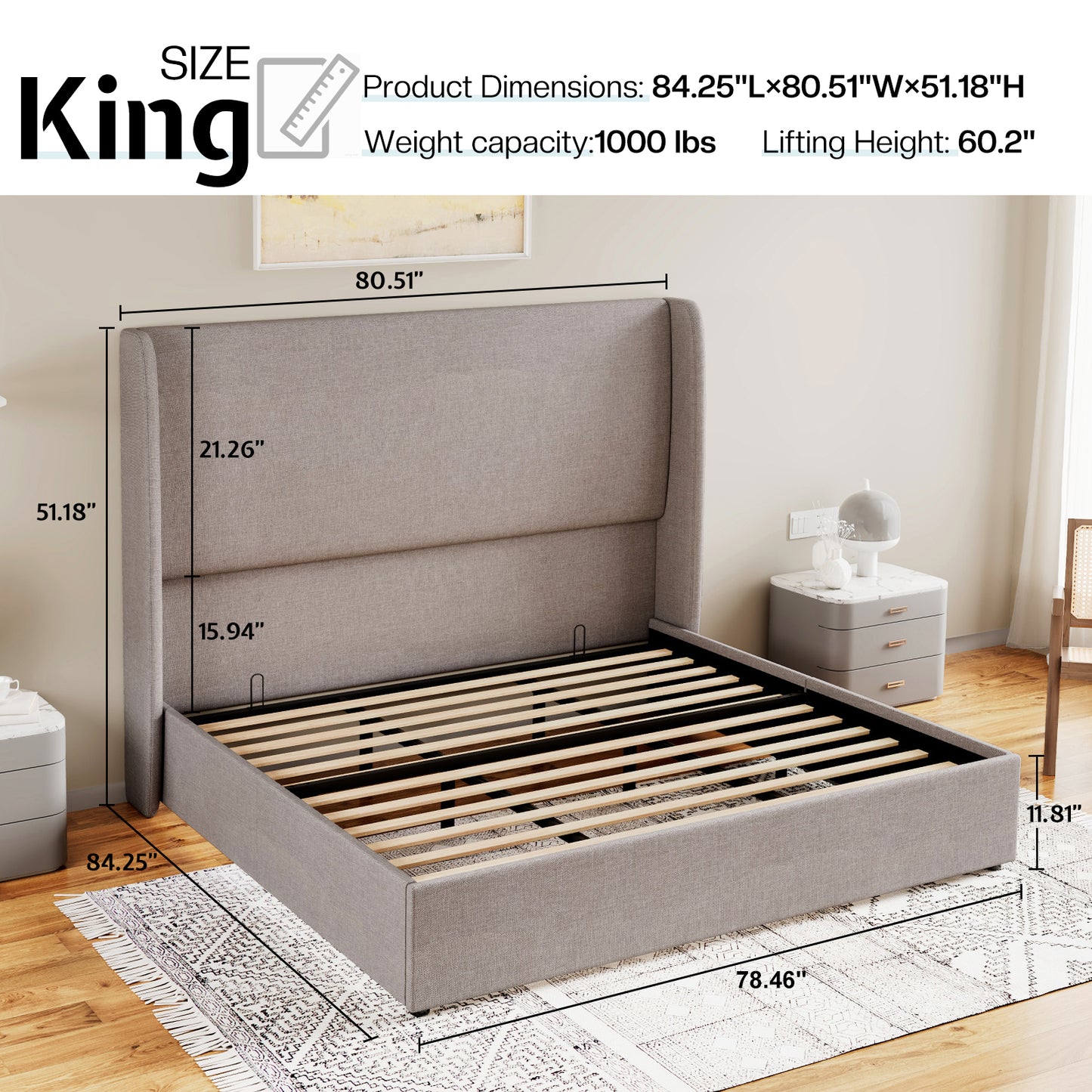 Jocisland Upholstered Platform Bed Frame with Hydraulic Lift Storage, Wingback Headboard, Wood Slats Support, No Box Spring Needed