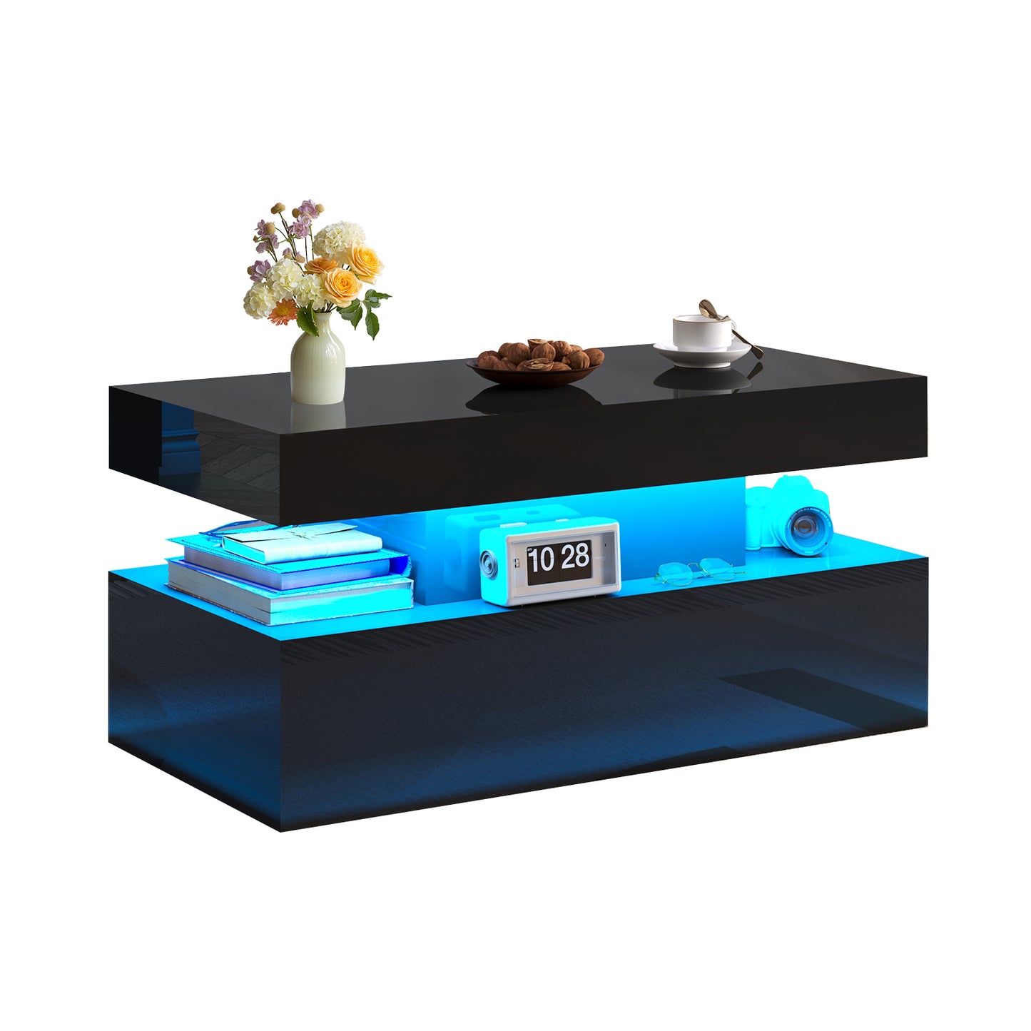 Coffee Table with LED Light, Modern High Gloss Finish Center Table with 2-Tier Storage Space, Minimalist Coffee Table for Living Room, Office, Black