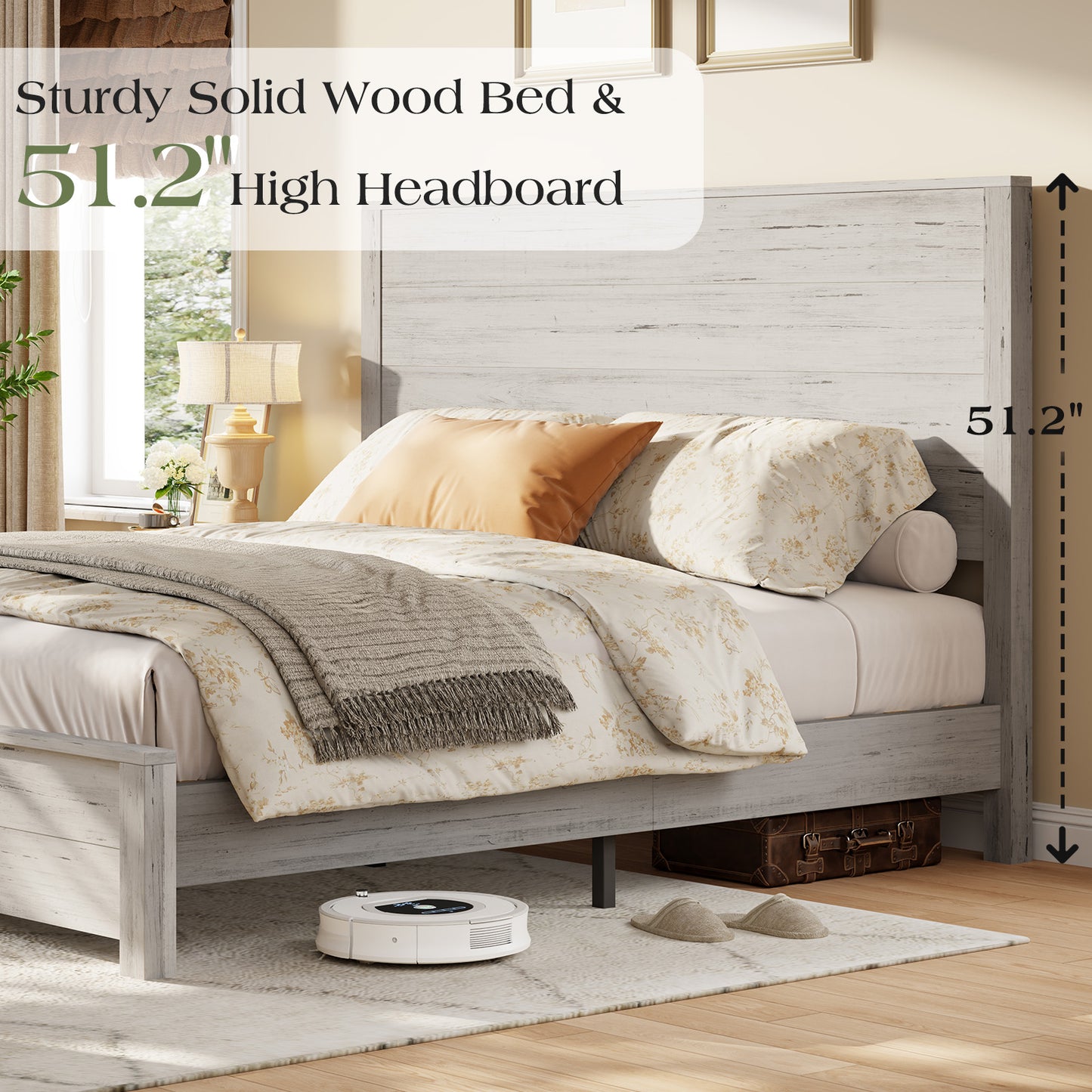 Merluxy Full Size 51.2" Wood Bed Frame, Rustic Platform Bed with Spliced Headboard, Wood Slats Support/Noiseless/No Box Spring Needed/Antique White